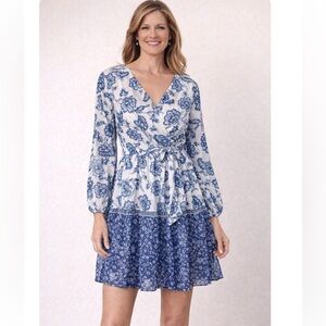JAPNA Blue and White Floral Bohemian Wrap Front  Long Sleeve XS Dress NWOT